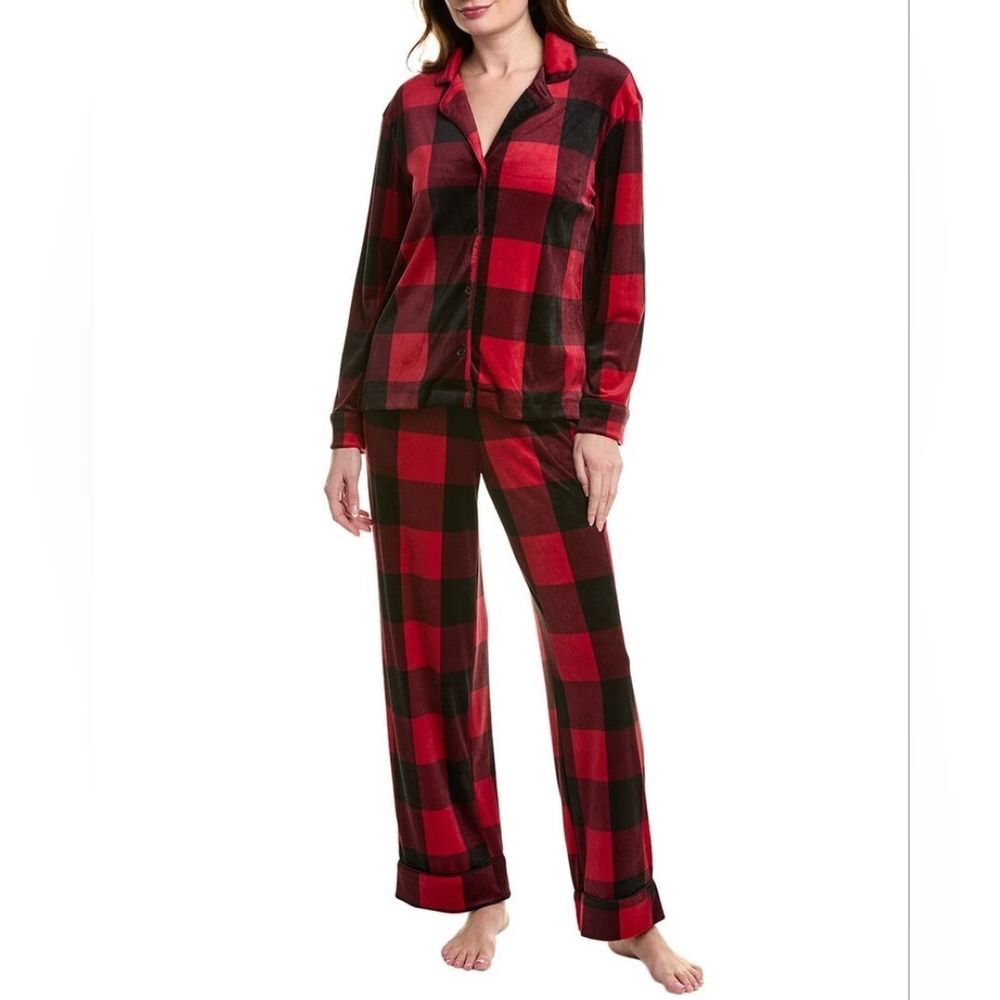 Donna Karan 2 Piece Pajamas Set Womens Size XL Red Buffalo Plaid Velour Preppy